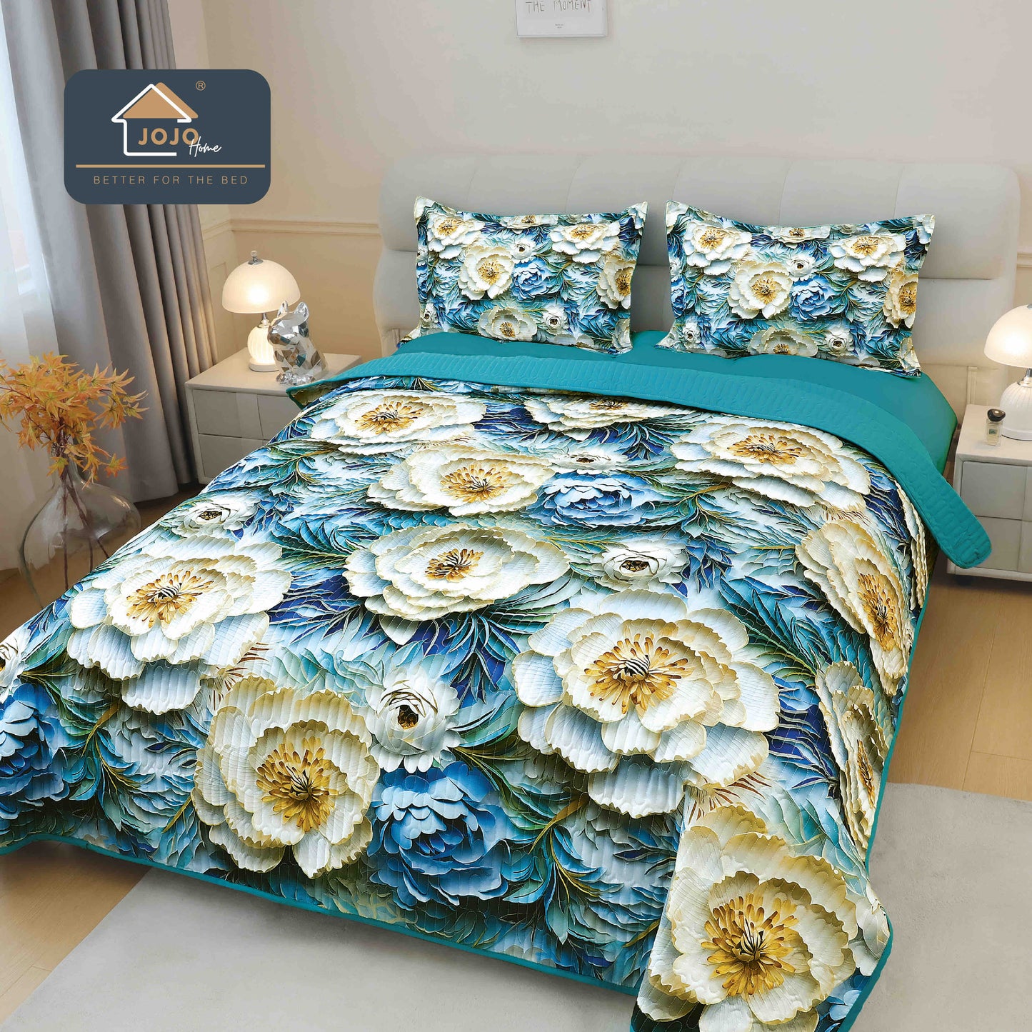 Cuvertura Matlasata+2 Fete de Perna, din Bumbac Finetat, Imprimeu 5D, Flori-C10051