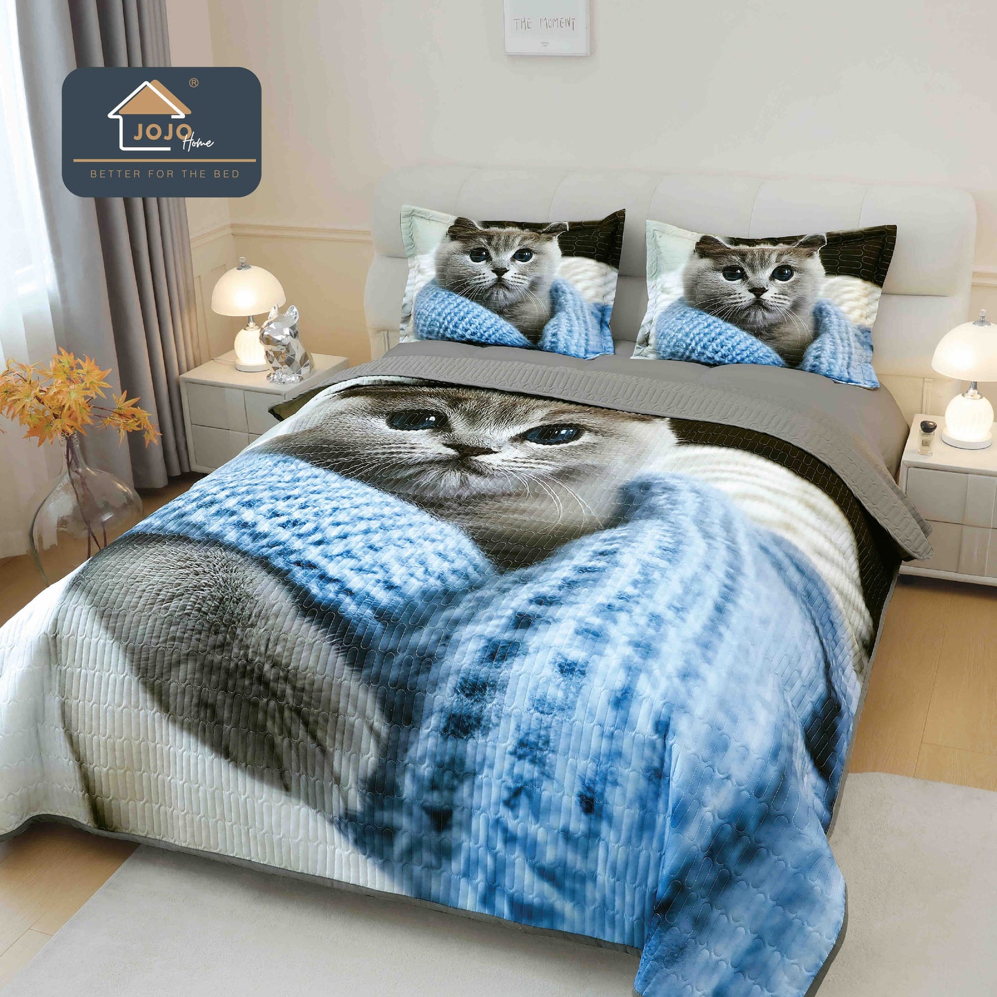 Cuvertura Matlasata+2 Fete de Perna, din Bumbac Finetat, Imprimeu 5D, Pisicuta-C10048