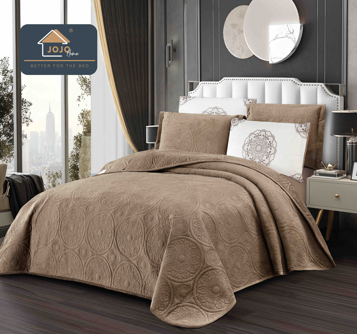 Cuvertura Pat Dublu 5 Piese, Catifea Luxury Matlasata, Maroniu-C10094