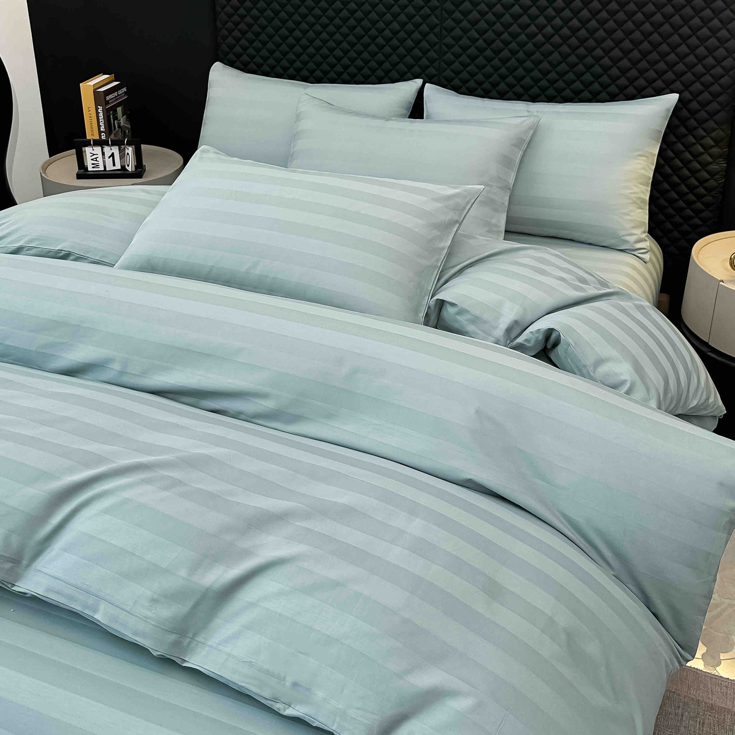 Lenjerie Luxury din Damasc 100% Bumbac Deluxe, 6 Piese cu Elastic, Bleu-C11099