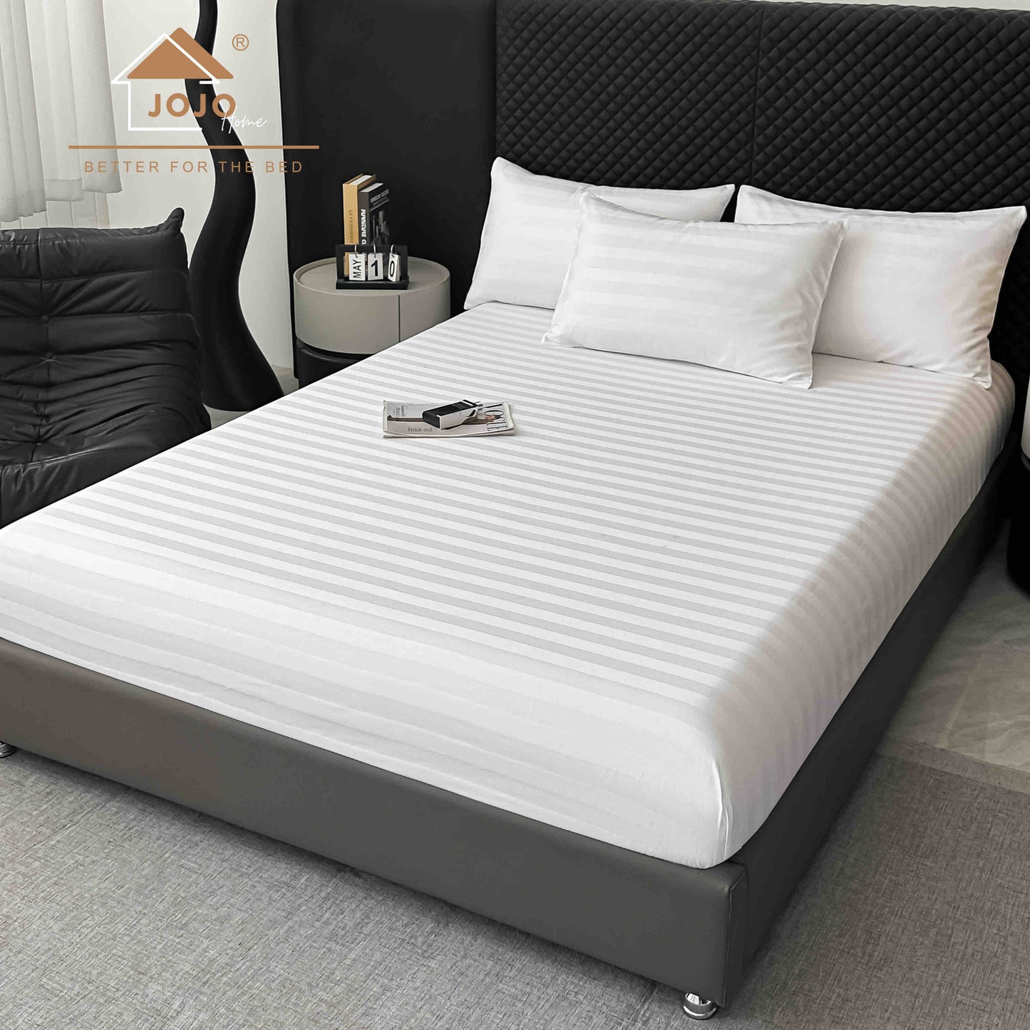 Lenjerie Luxury din Damasc 100% Bumbac Deluxe, 6 Piese cu Elastic, Alb-C11094