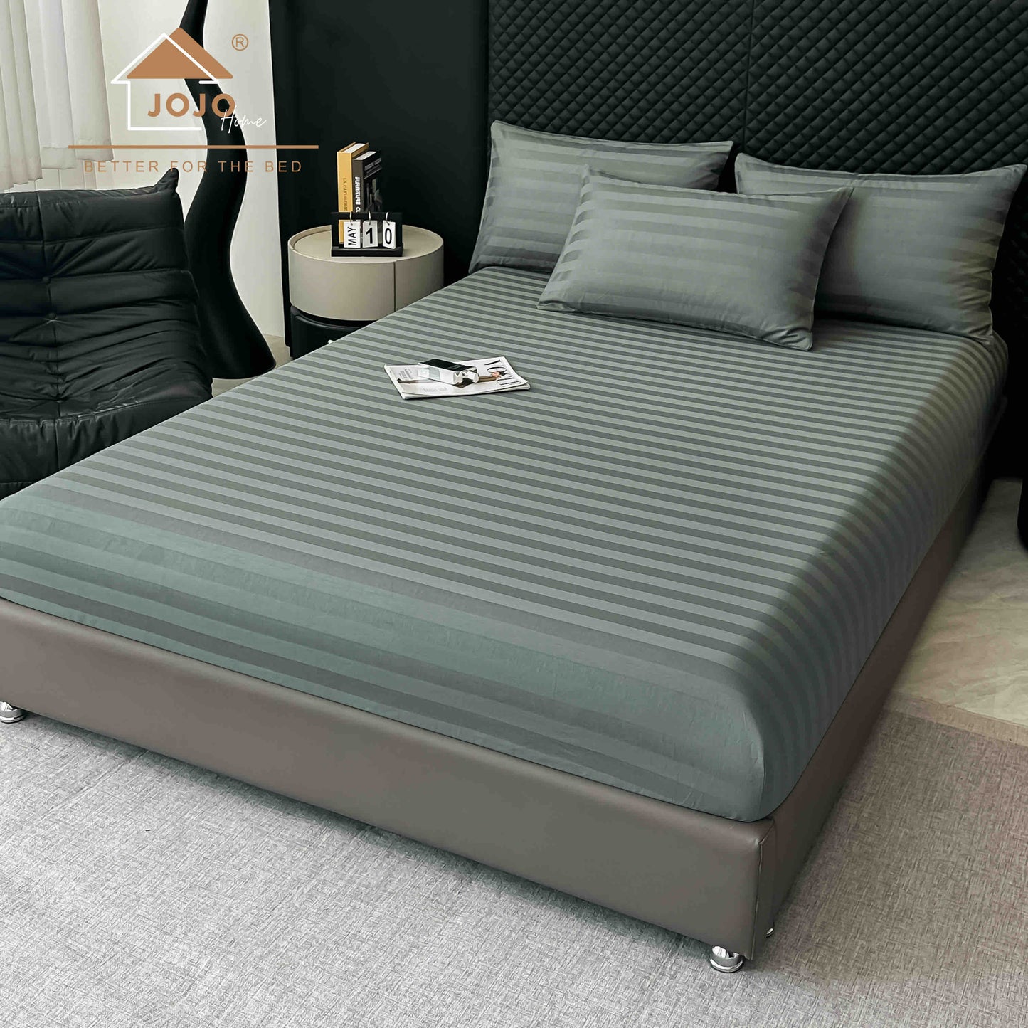 Lenjerie Luxury din Damasc 100% Bumbac Deluxe, 6 Piese cu Elastic, Antracit-C11095
