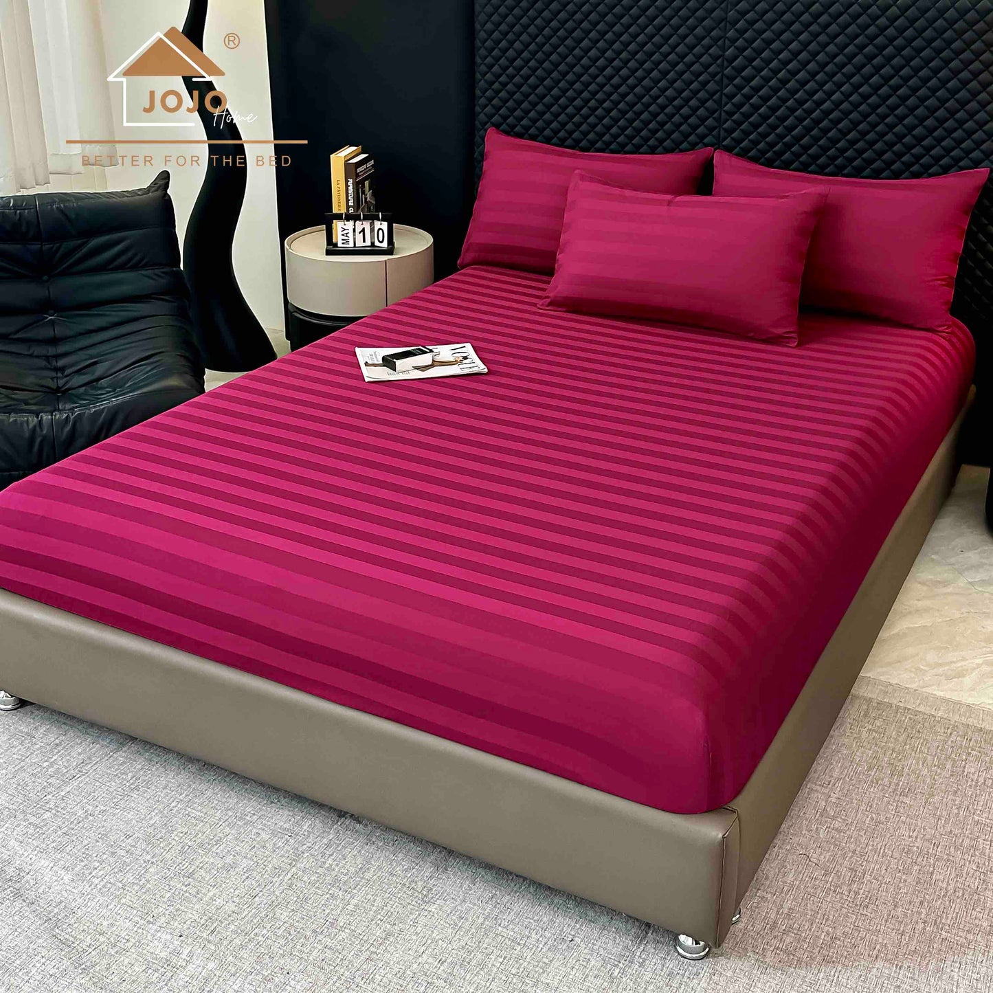 Lenjerie Luxury din Damasc 100% Bumbac Deluxe, 6 Piese cu Elastic, Bordo-C11096