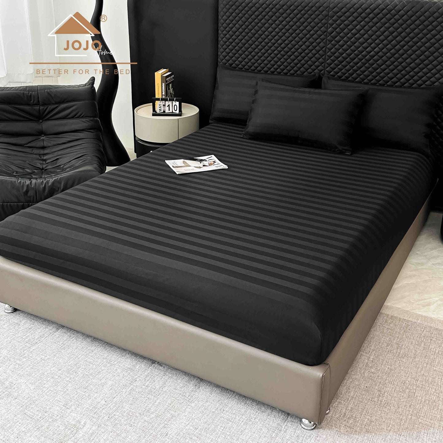 Lenjerie Luxury din Damasc 100% Bumbac Deluxe, 6 Piese cu Elastic, Negru-C11093