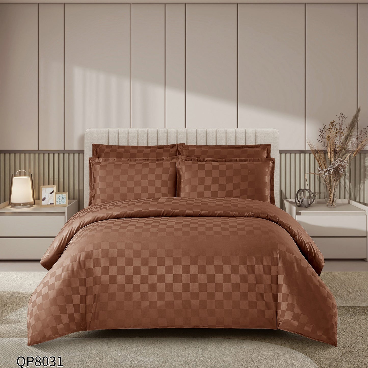 Lenjerie Pat Dublu din Damasc Finetat, 4 Piese cu Elastic, Maro-P8646