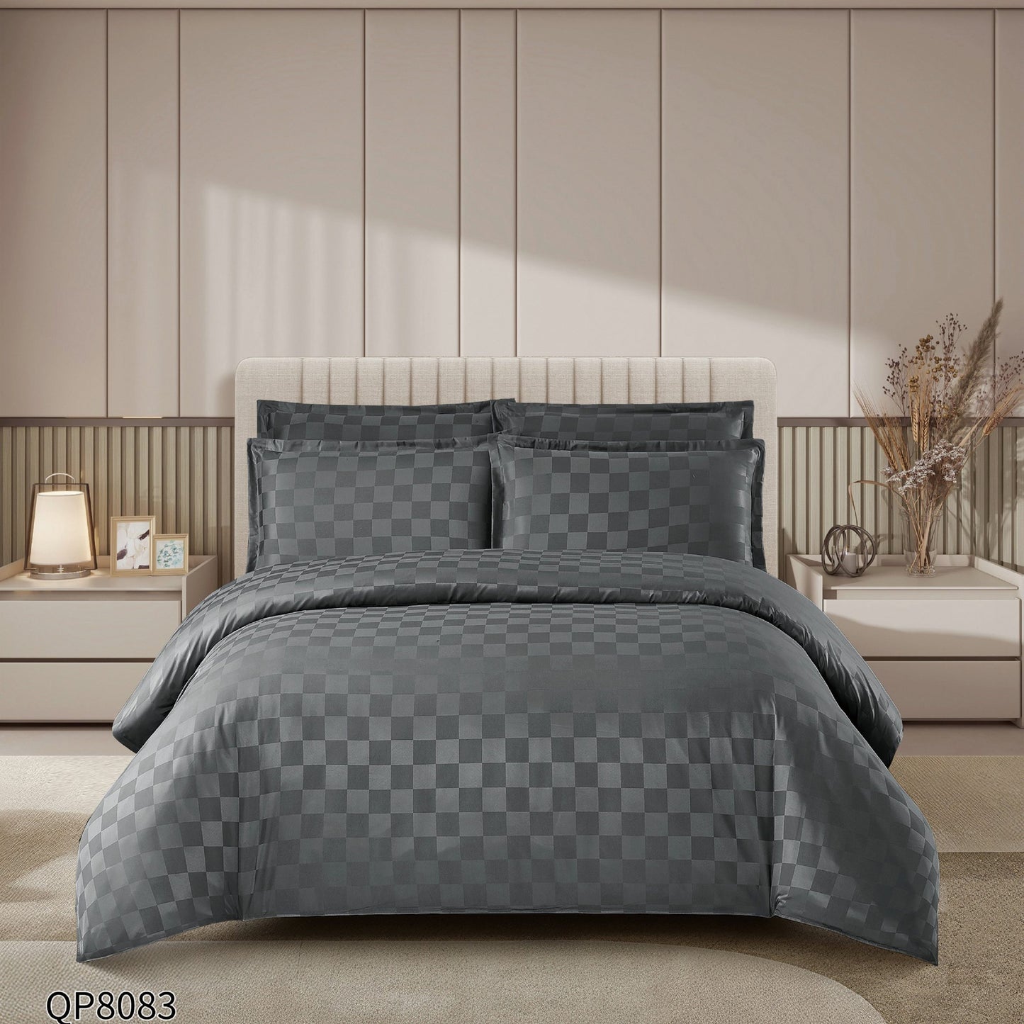 Lenjerie Pat Dublu din Damasc Finetat, 4 Piese cu Elastic, Gri Inchis-P8651