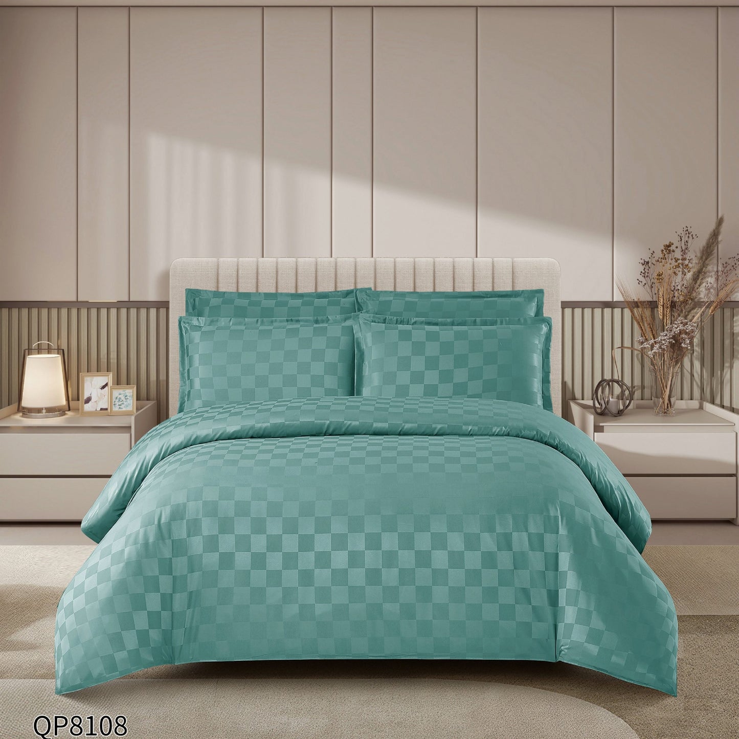 Lenjerie Pat Dublu din Damasc Finetat, 4 Piese cu Elastic, Verde Menta-P8653