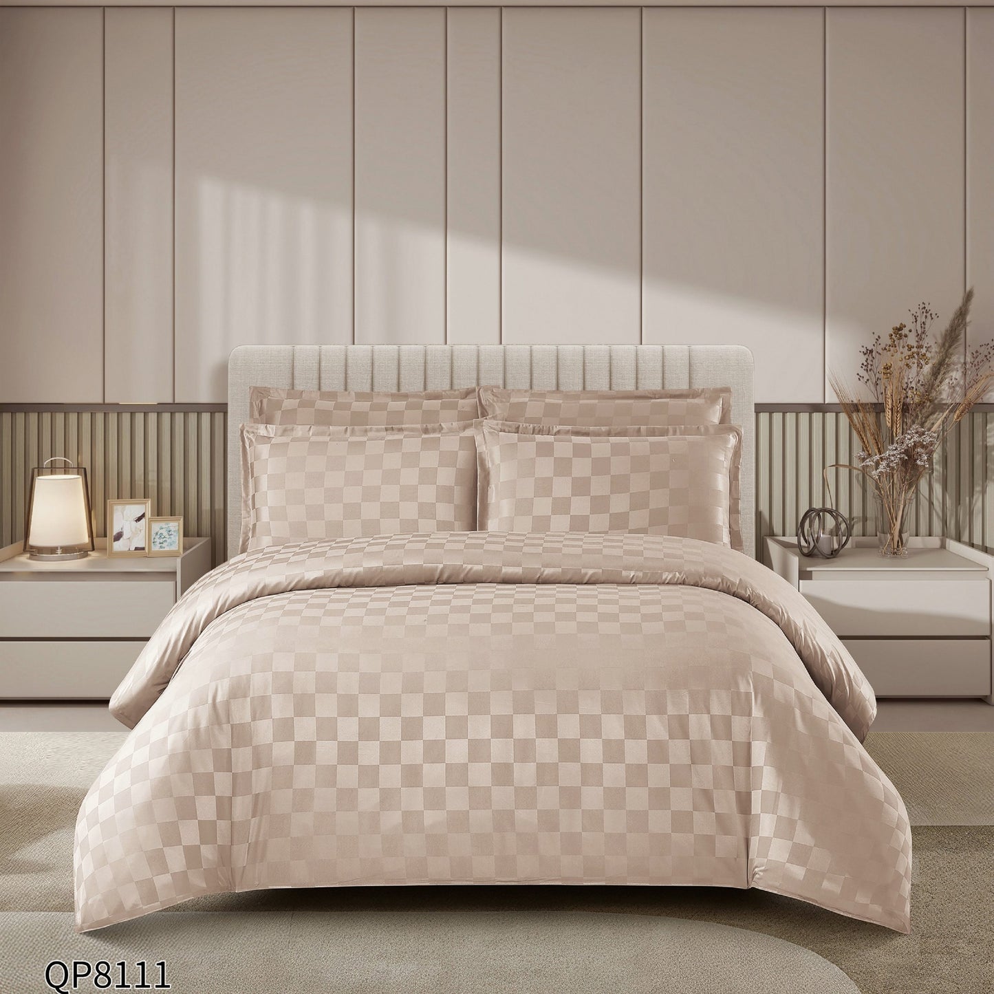 Lenjerie Pat Dublu din Damasc Finetat, 4 Piese cu Elastic, Bej-P8656