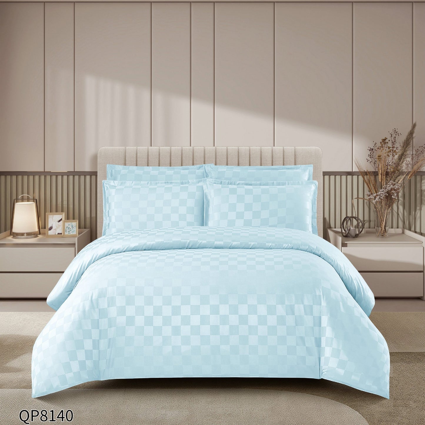 Lenjerie Pat Dublu din Damasc Finetat, 4 Piese cu Elastic, Bleu-P8650