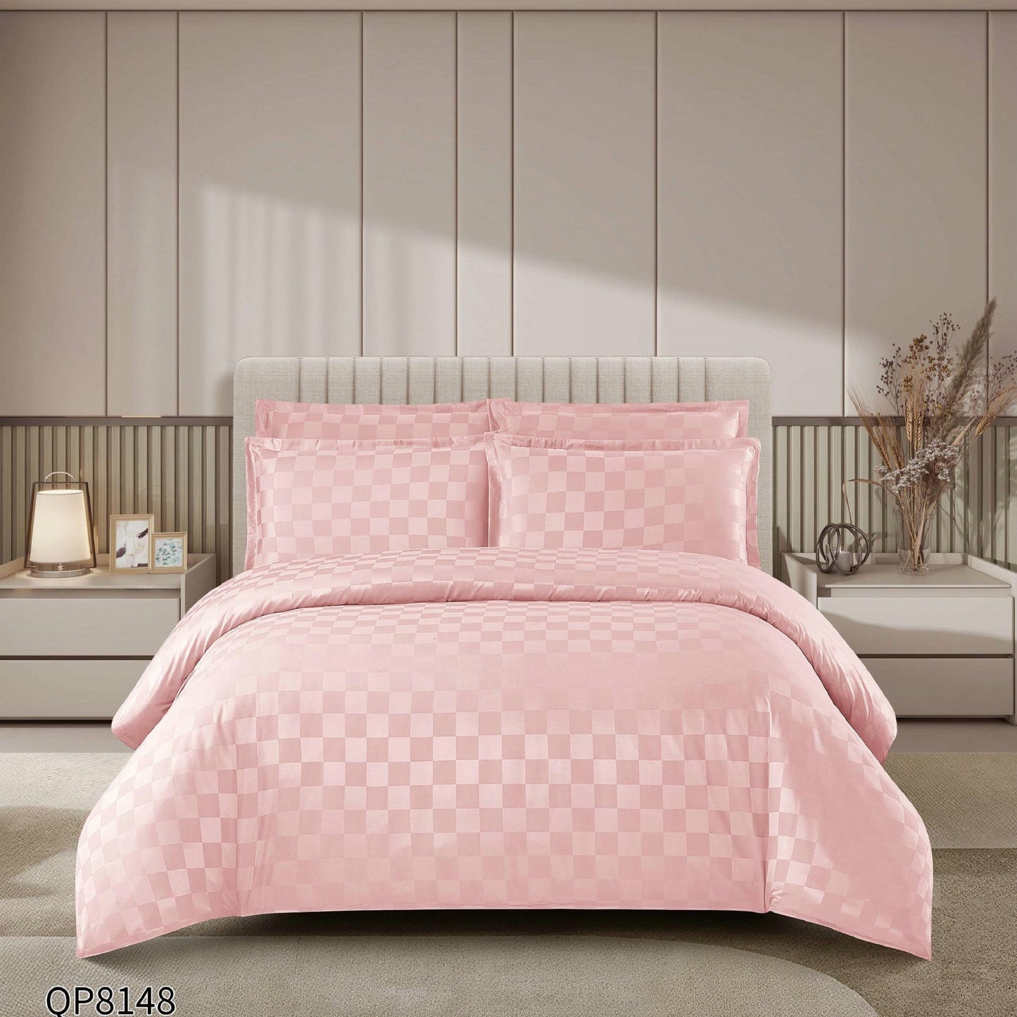 Lenjerie Pat Dublu din Damasc Finetat, 4 Piese cu Elastic, Roz-P8659