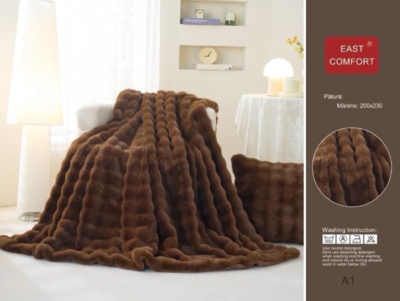 Patura Cocolino Pufoasa, din Blanita Artificiala de Iepure, 200x230cm, Maro-D9161