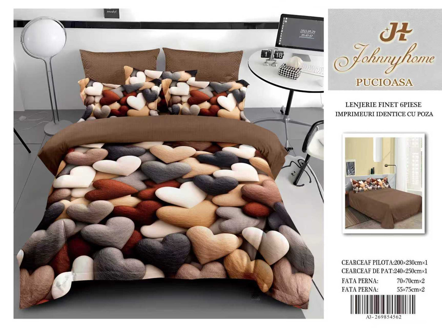 Lenjerie 5D Finet 6 Piese, Imprimeu Identic cu Poza, Inimioare-H9639