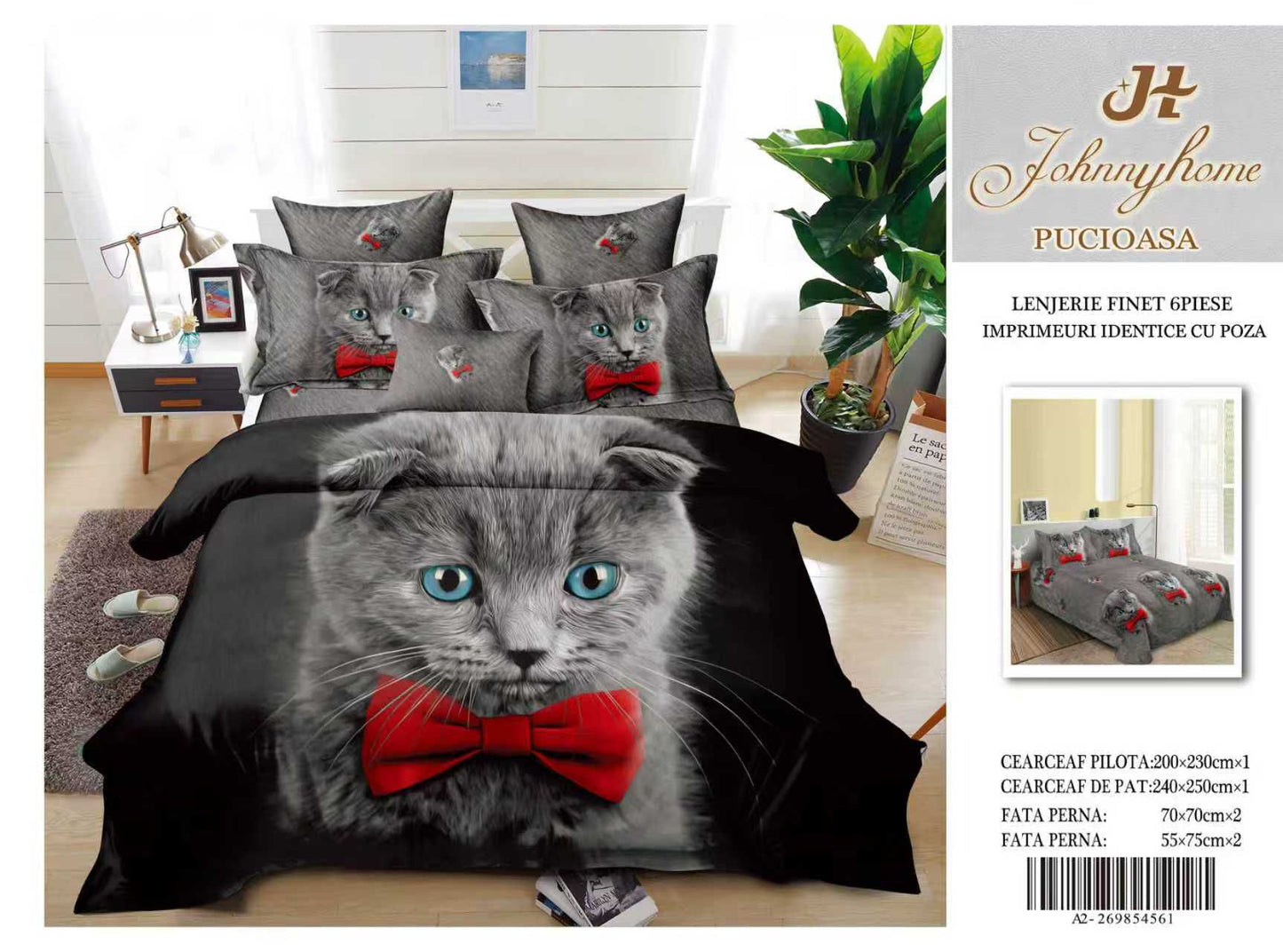 Lenjerie 5D Finet 6 Piese, Imprimeu Identic cu Poza, Pisicuta-H9638