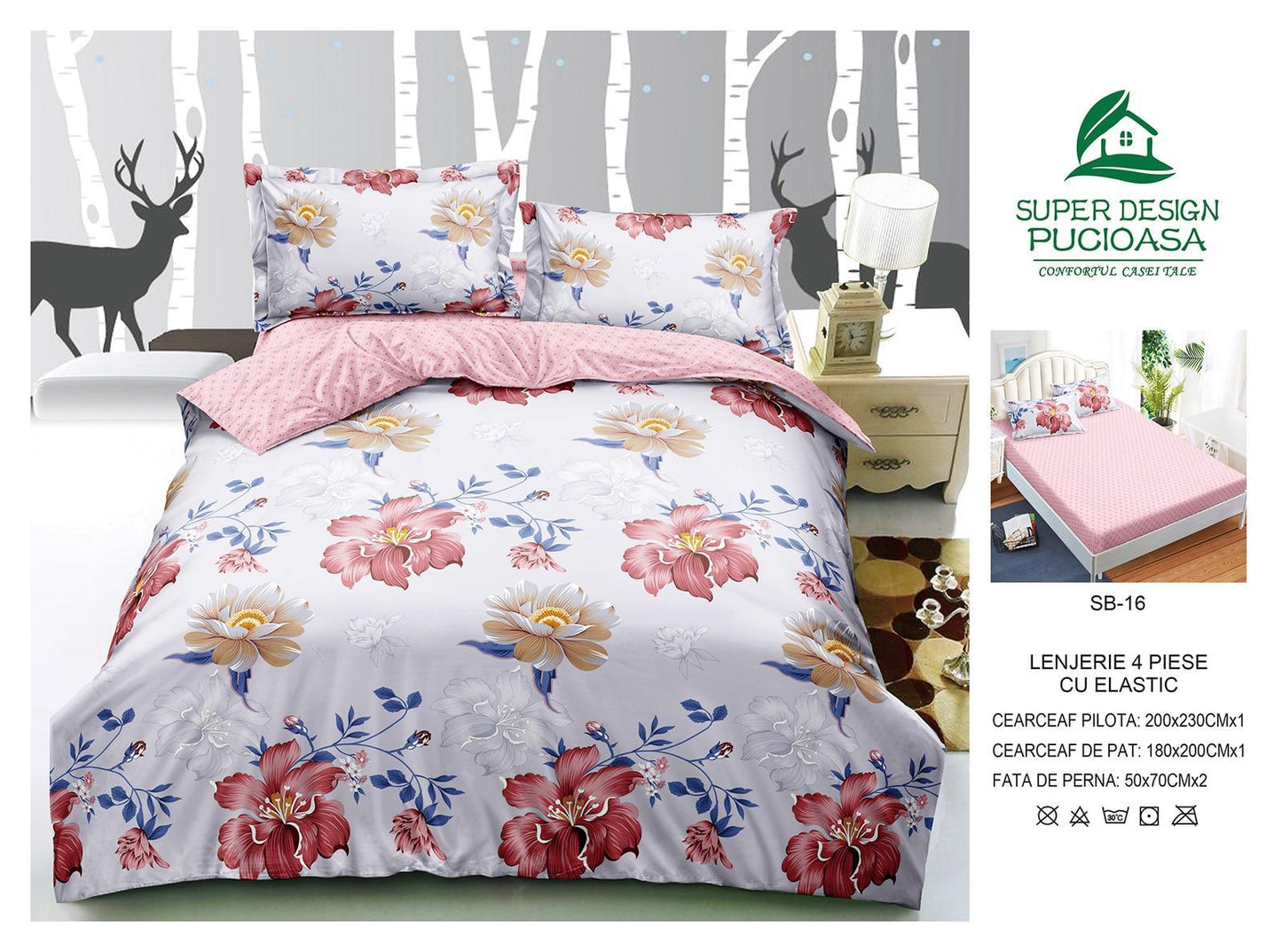 Lenjerie Pat Dublu cu Elastic din Bumbac Satinat Superior cu 4 Piese, Floricele-V8742