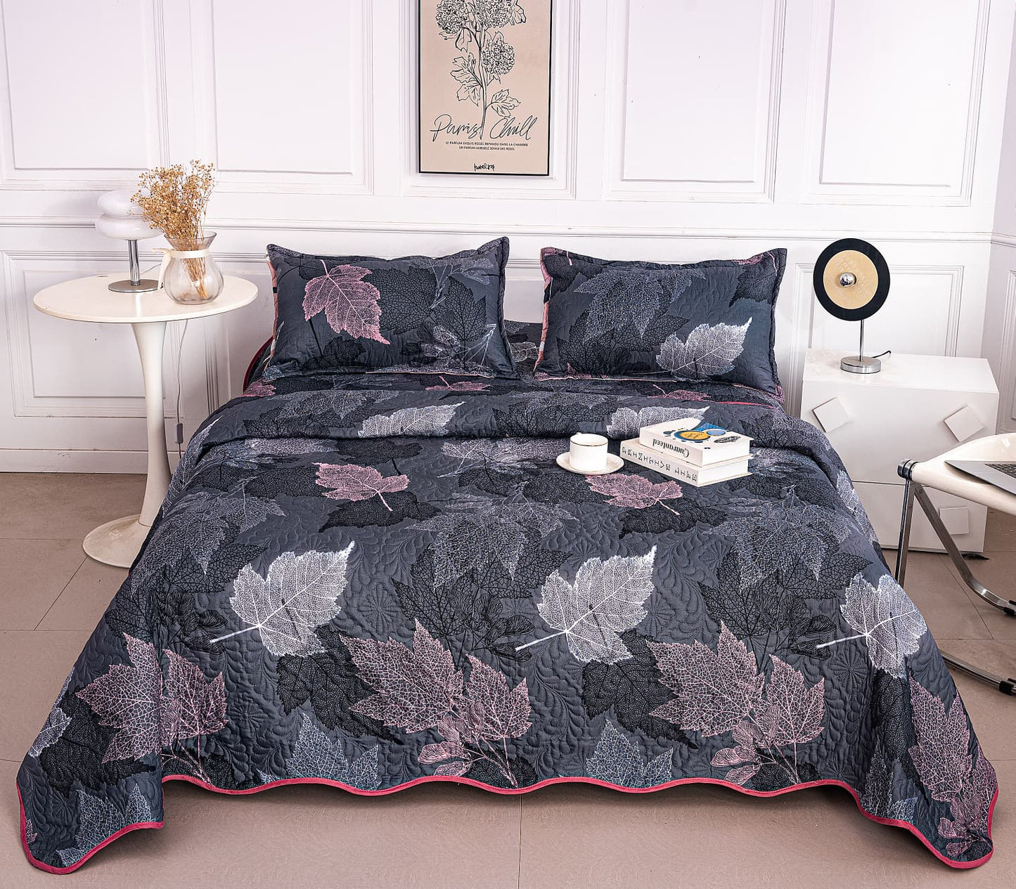 Cuvertura De Pat 3 Piese, din Bumbac Satinat, Frunze-A9855