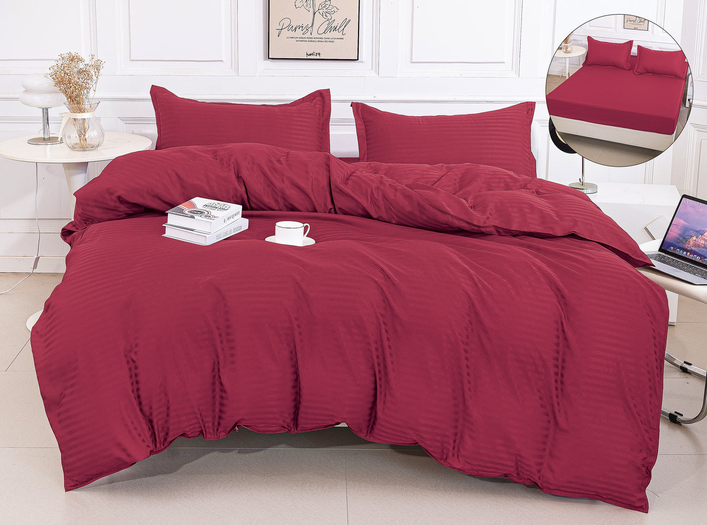 Lenjerie Damasc Finetat 4 Piese cu Elastic, Grena, Uni-A9820