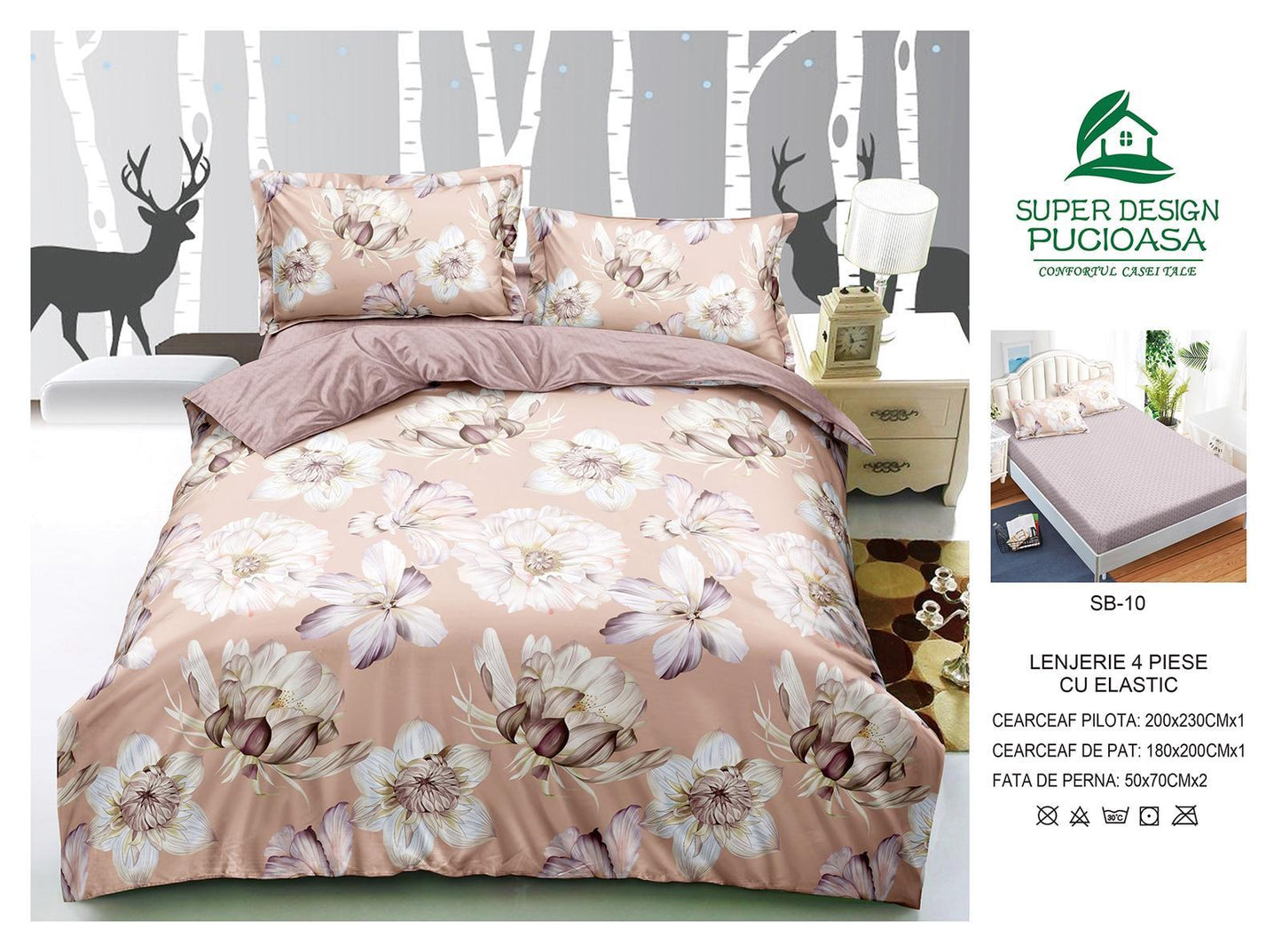 Lenjerie Pat Dublu cu Elastic din Bumbac Satinat Superior cu 4 Piese, Blush Floral-V8740