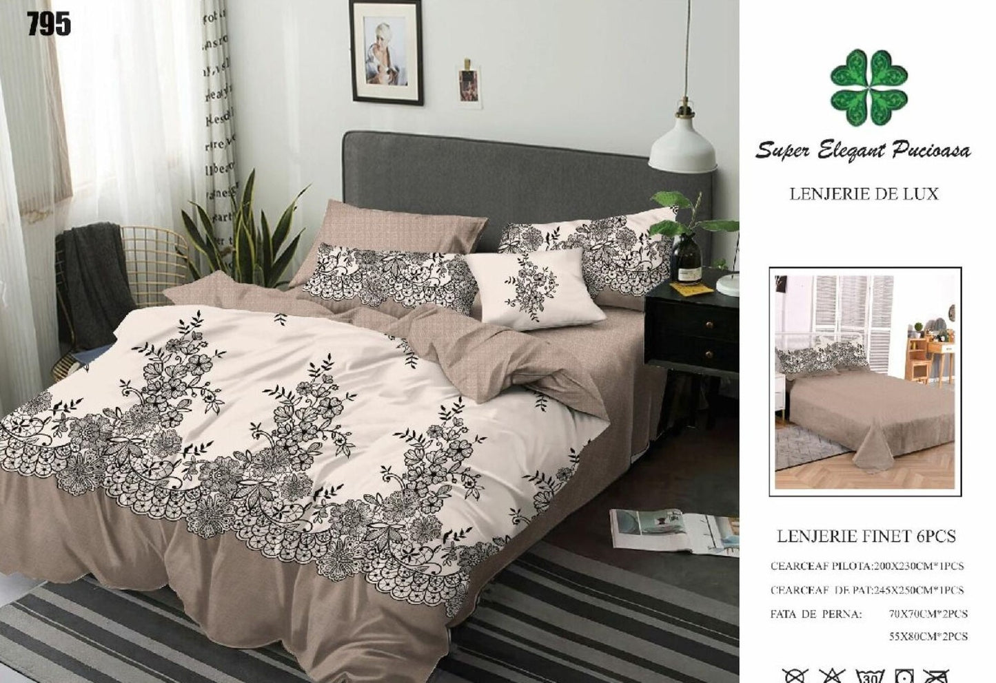 Lenjerie Pat Dublu din Finet, 6 Piese, Flori-SEP9095