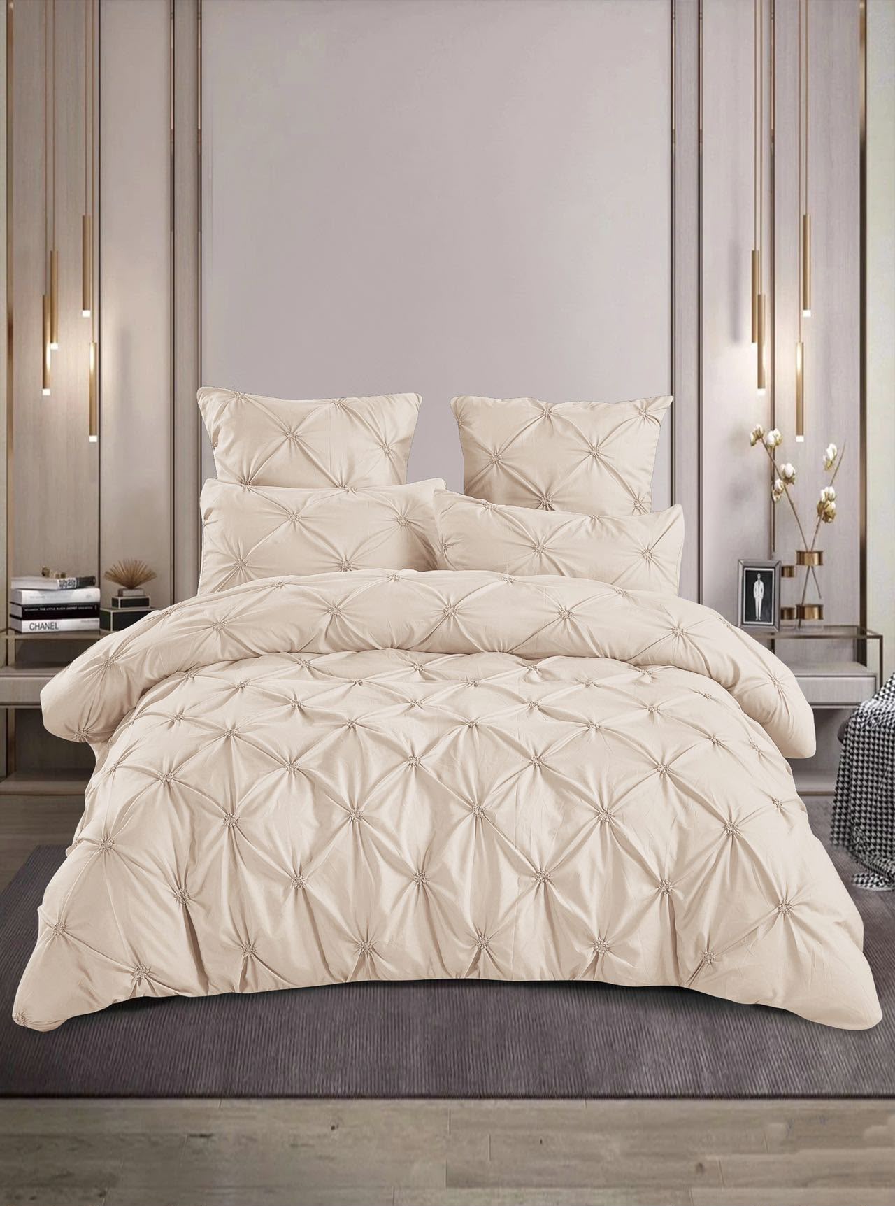 Lenjerie Bumbac Premium 6 Piese cu Pliuri Brodate, Crem-M4740