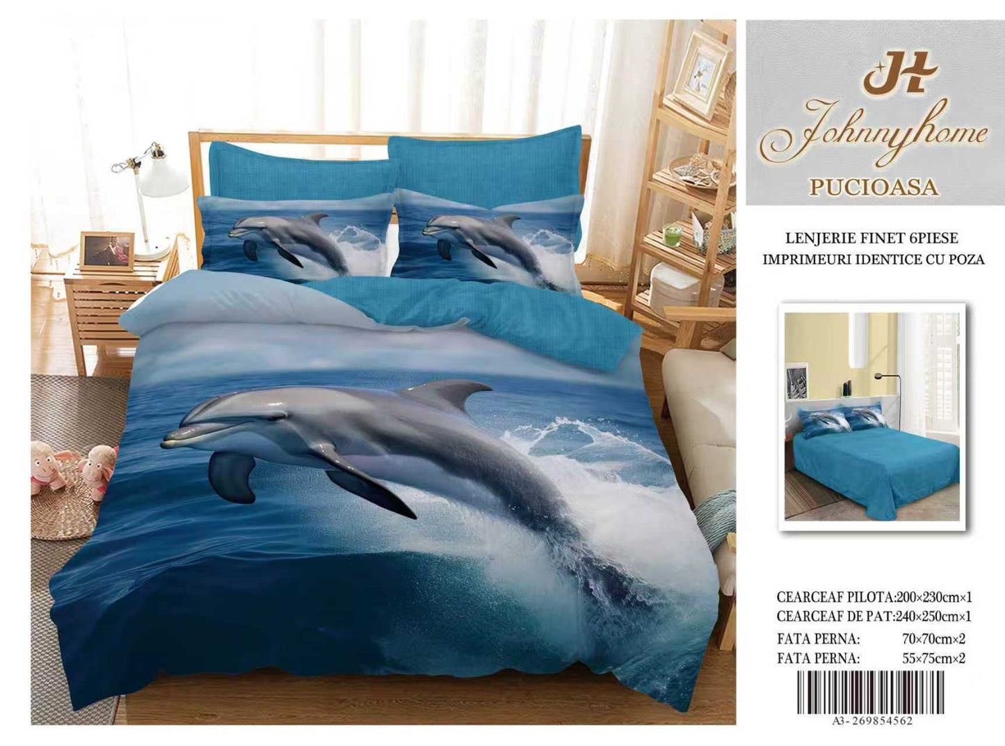 Lenjerie 5D Finet 6 Piese, Imprimeu Identic cu Poza, Delfin-H9641