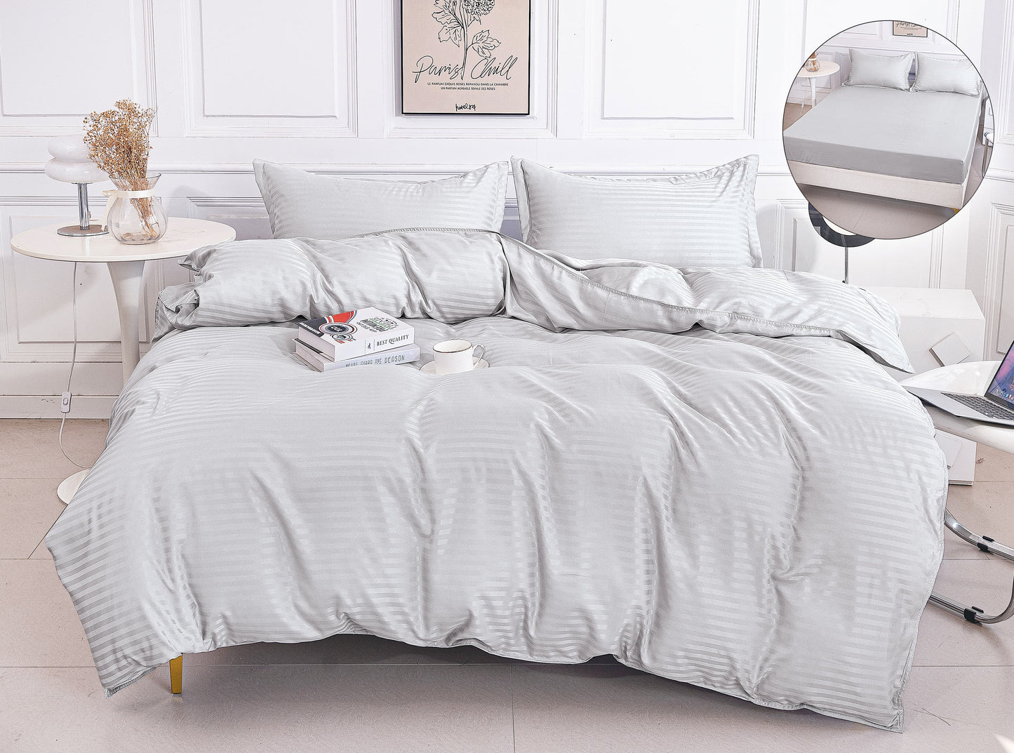 Lenjerie Damasc Finetat 4 Piese cu Elastic, Gri Deschis, Uni-A9822