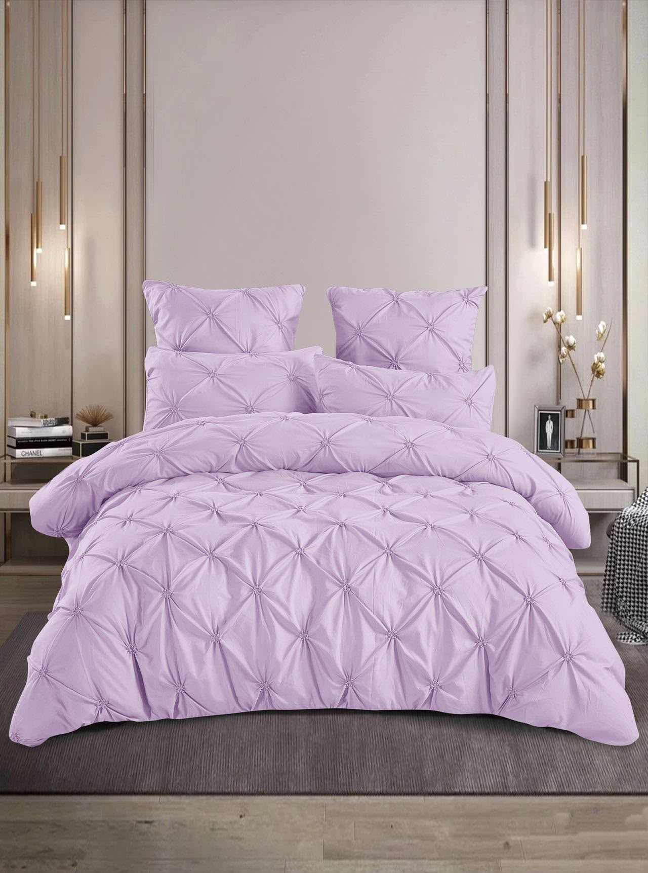 Lenjerie Bumbac Premium 6 Piese cu Pliuri Brodate, Lila-M10218