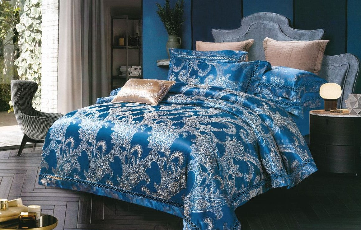 Lenjerie de pat Jacquard Premium De Lux, 6 Piese, Albastru/Model Regal-R10367
