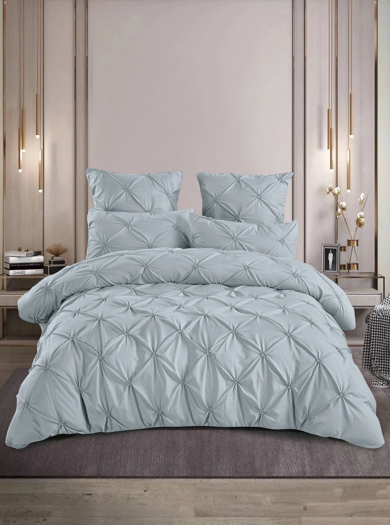 Lenjerie Bumbac Premium 6 Piese, cu Pliuri Brodate, Gri Albastrui-M4487