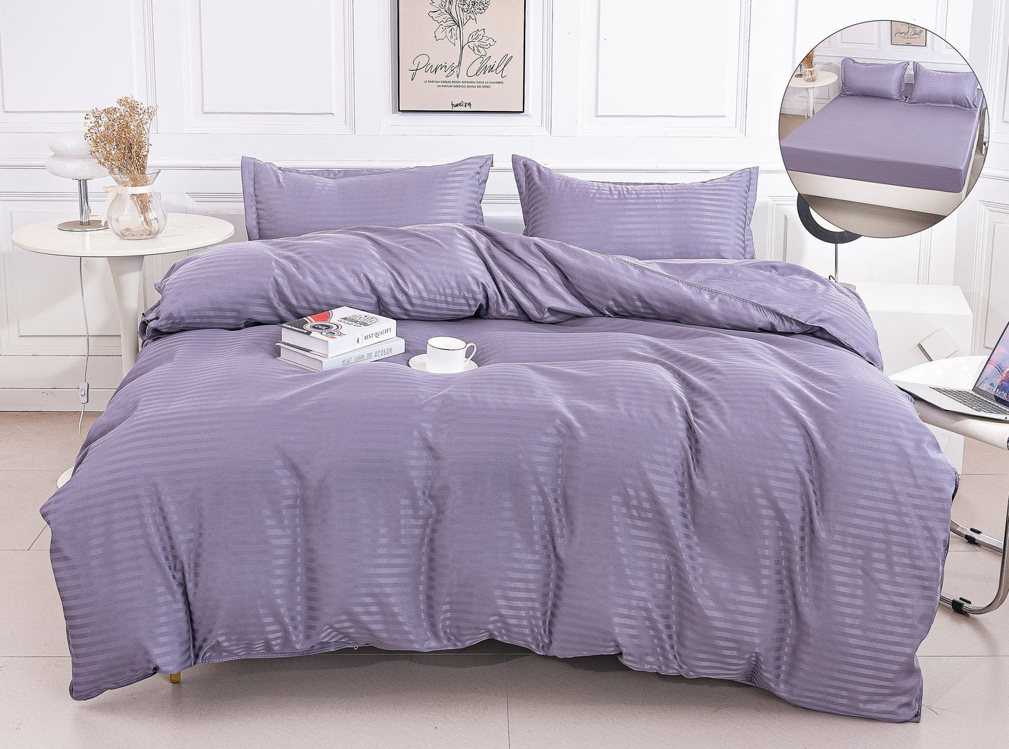 Lenjerie Damasc Finetat 4 Piese cu Elastic, Mov, Uni-A9821