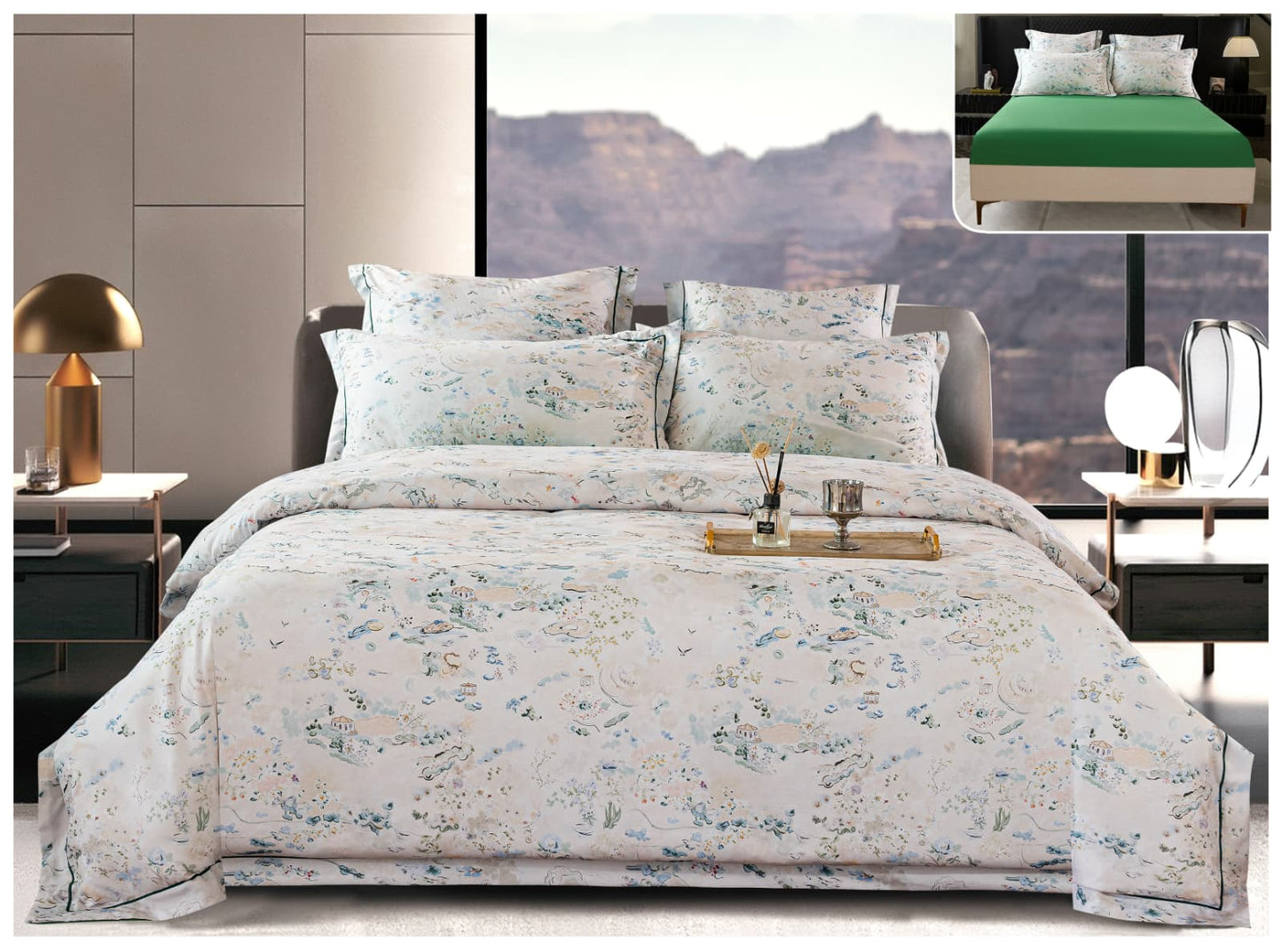 Lenjerie Premium Luxury, Pat Dublu, Satin Gros, 6 Piese cu Elastic, Peisaj Pastel-A10276