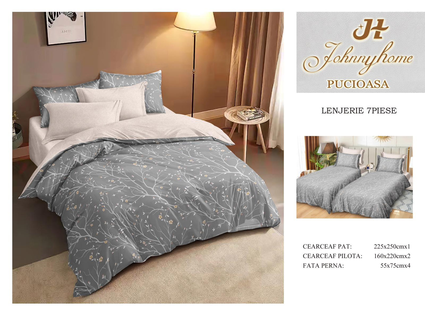 Lenjerie Pat Dublu Bumbac Satinat 7 Piese, cu 2 Cearceafuri de pilota, Ramuri-H8803