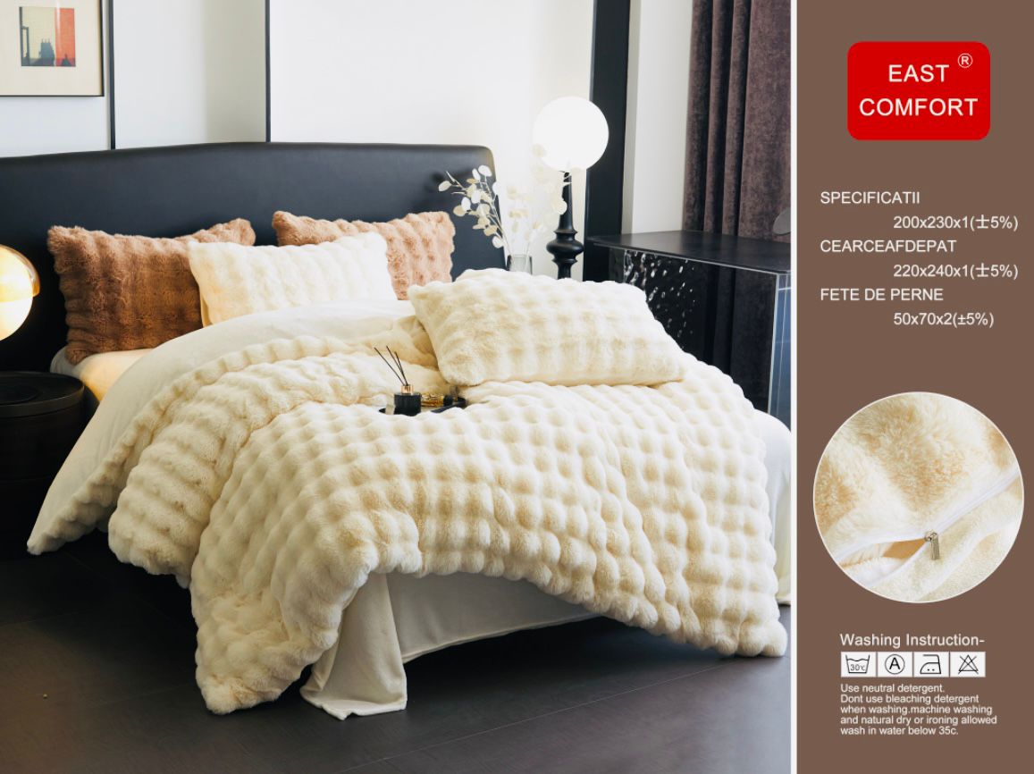 Lenjerie Luxury, Pufoasa, din Blanita artificiala Tip Iepure, 4 piese, Crem-D8901