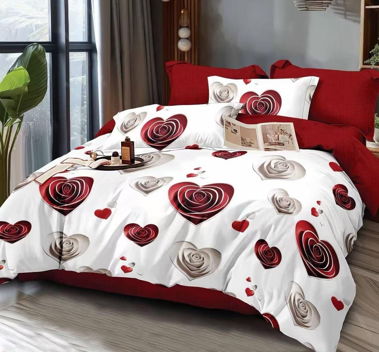 Lenjerie Pat Dublu din Finet, 6 Piese, Inimi-D9140