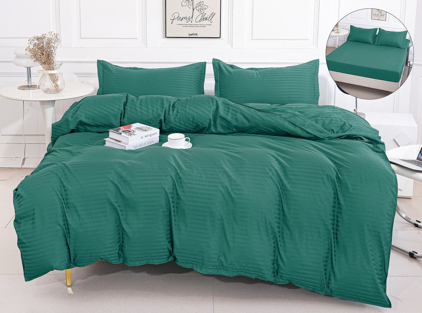 Lenjerie Damasc Finetat 4 Piese cu Elastic, Verde, Uni-A9823