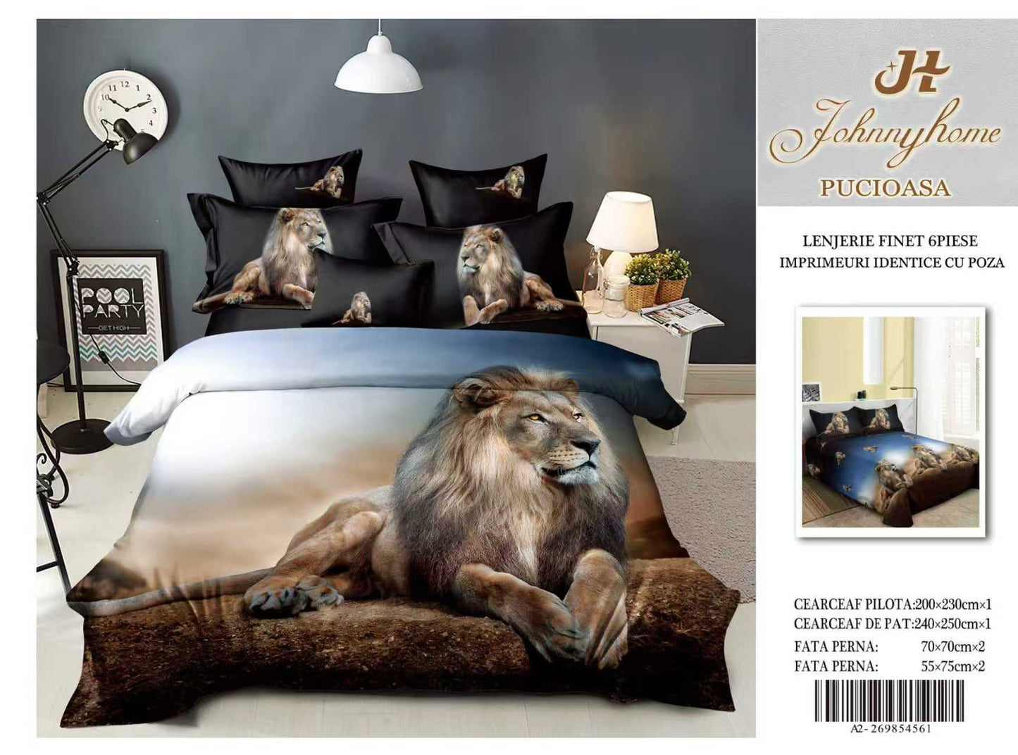 Lenjerie 5D Finet 6 Piese, Imprimeu Identic cu Poza, Leu-H9645