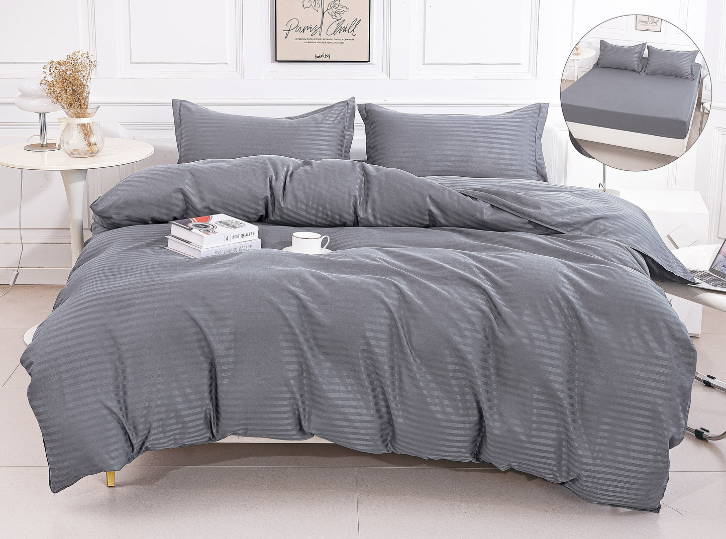 Lenjerie Damasc Finetat 4 Piese cu Elastic, Gri Inchis, Uni-A9824