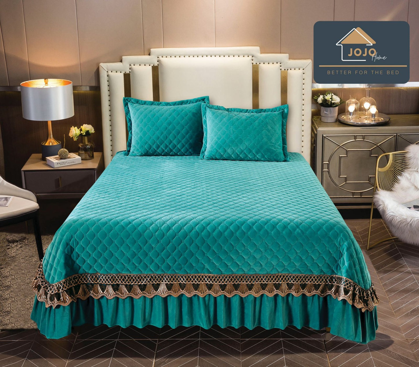 Cuvertura 3 Piese de Lux, din Catifea Matlasata cu Broderie Aurie, Vernil