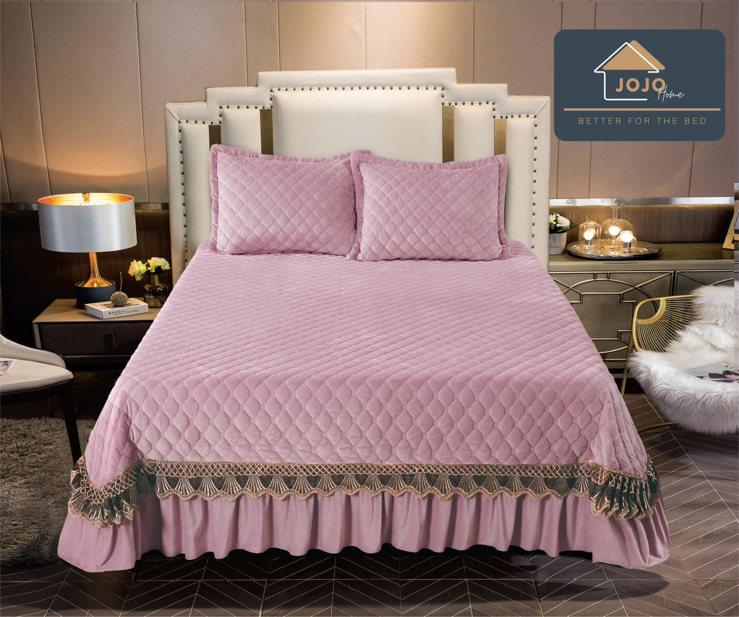 Cuvertura 3 Piese de Lux, din Catifea Matlasata cu Broderie Aurie, Roz