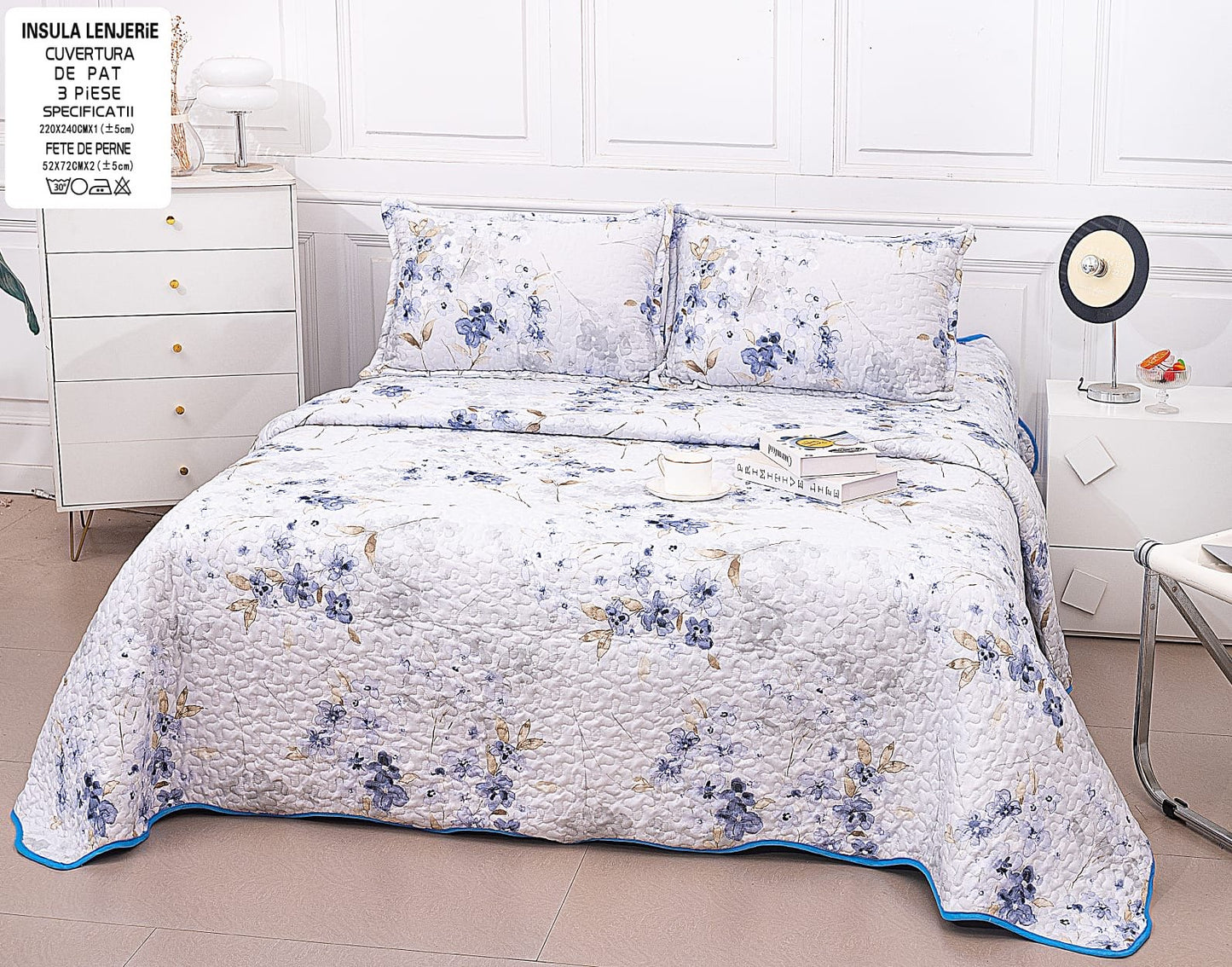 Cuvertura De Pat 3 Piese, din Bumbac Satinat, Mini Flori-A7831