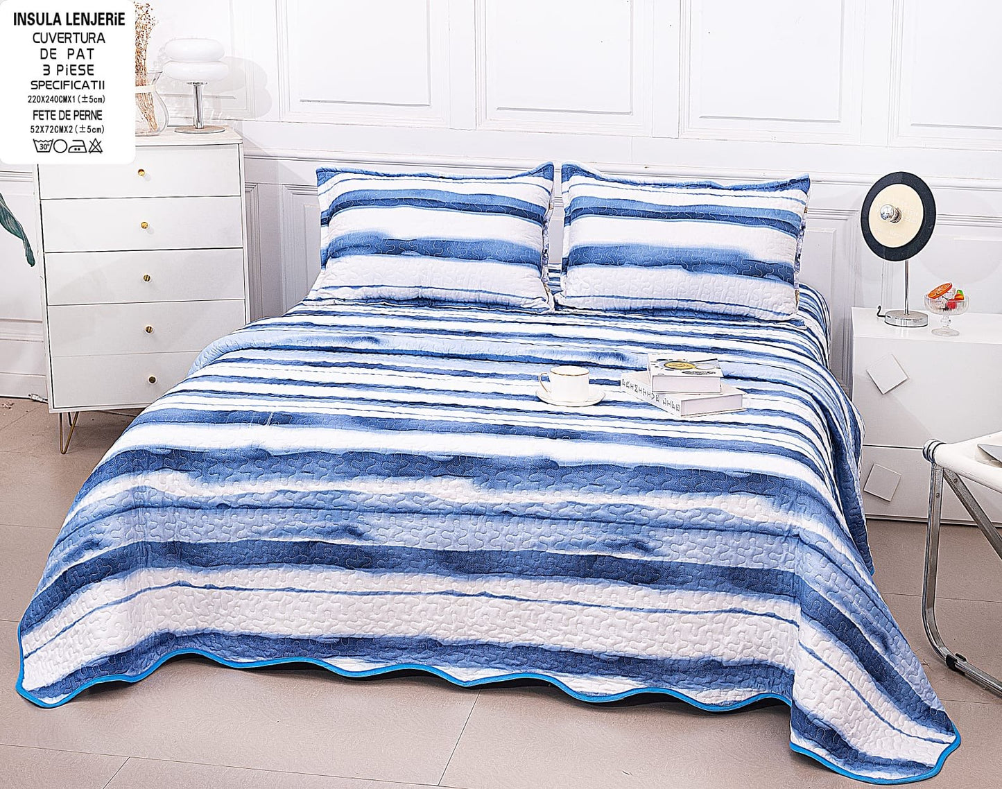 Cuvertura De Pat 3 Piese, din Bumbac Satinat, Dungi-A7833