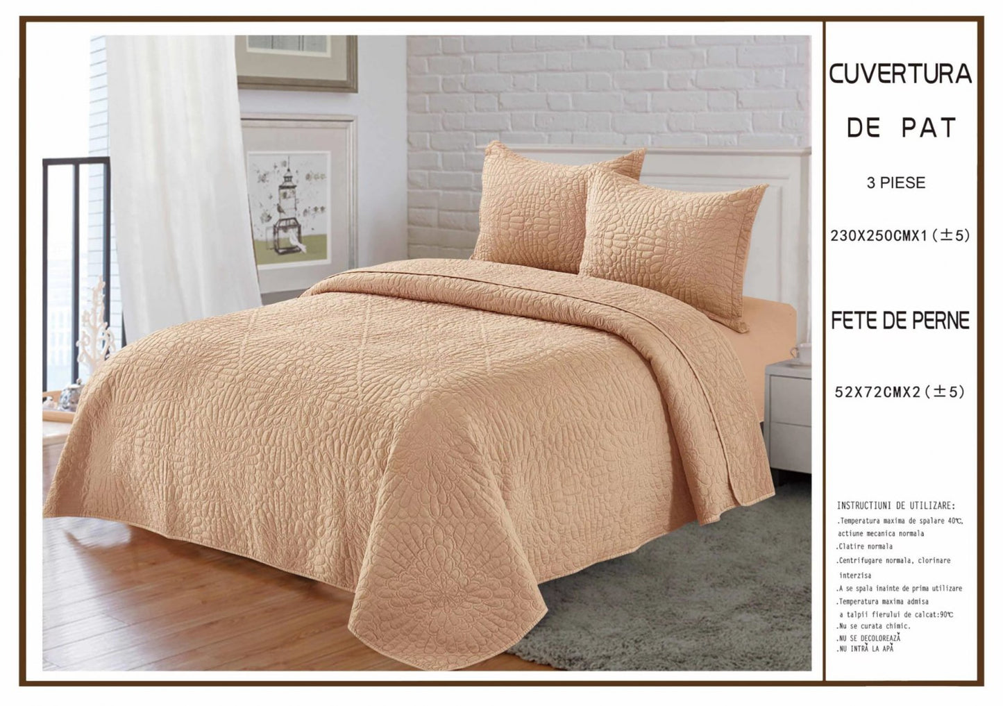 Cuvertura De Pat Matlasata, din Bumbac Satinat, cu 3 Piese, Maroniu Uni-A6237