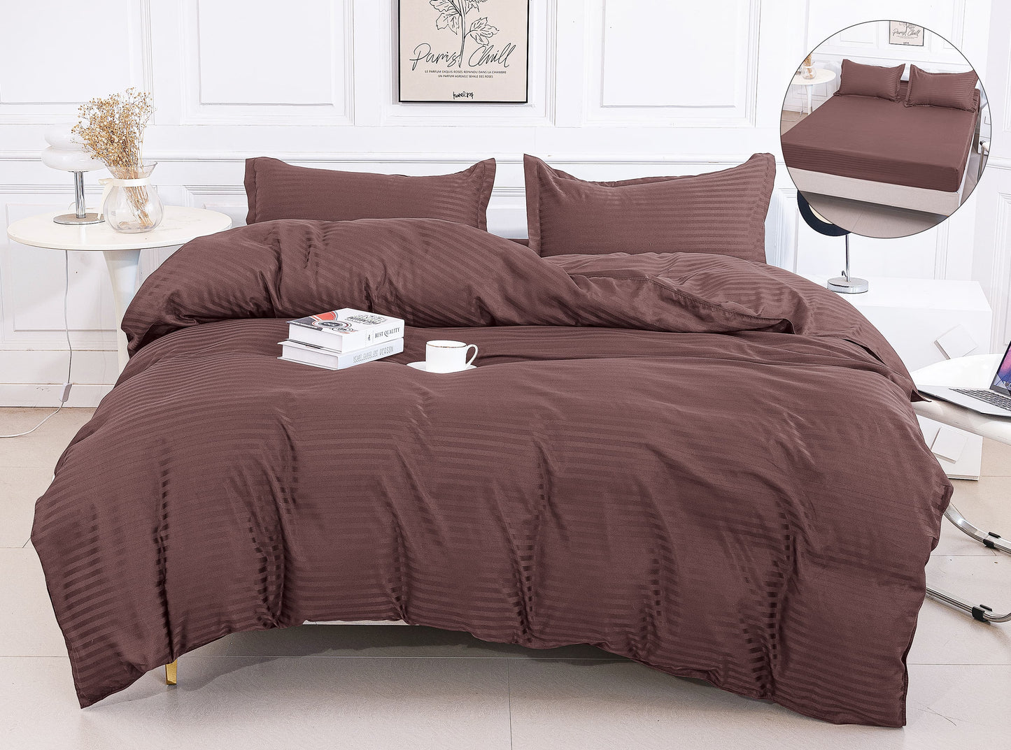 Lenjerie Damasc Finetat 4 Piese cu Elastic, Maro, Uni-A9828