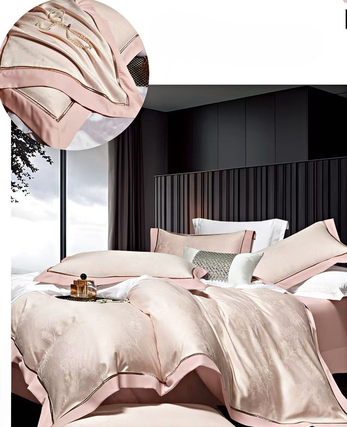 Lenjerie Luxury din Bumbac Satinat Premium, 4 Piese, Bej/Roz-CF10304