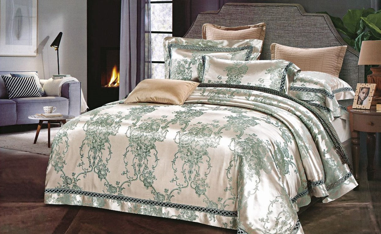 Lenjerie de pat Jacquard Premium De Lux, 6 Piese, Bej/Verde/Model Regal-R10368