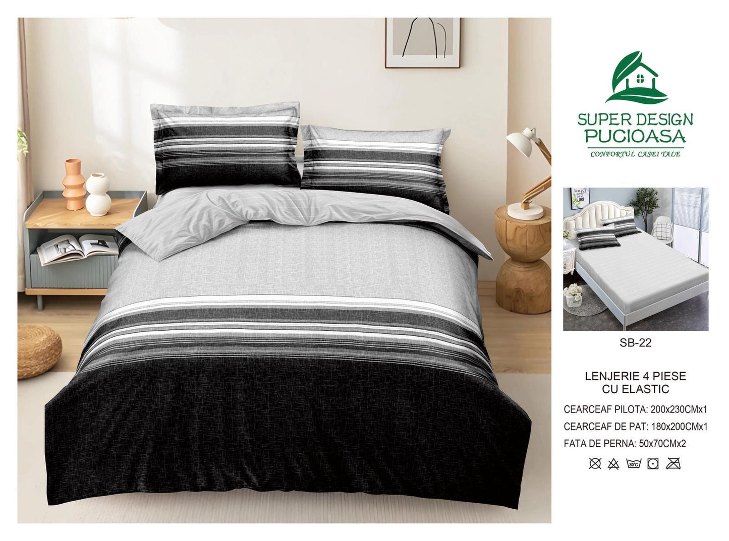 Lenjerie Pat Dublu cu Elastic din Bumbac Satinat Superior cu 4 Piese, Urban Lines-V8736