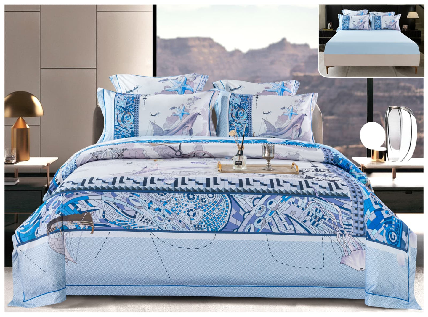 Lenjerie Premium Luxury, Pat Dublu, Satin Gros, 6 Piese cu Elastic, Nautic Blue-A10280