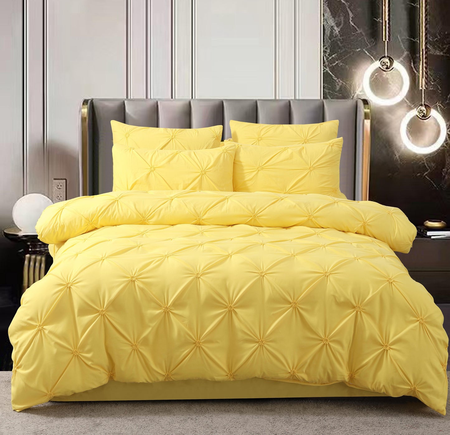 Lenjerie Bumbac Finetat Premium, Soft Touch, 6 Piese, cu Elastic si Pliuri Brodate, Galben-C11051