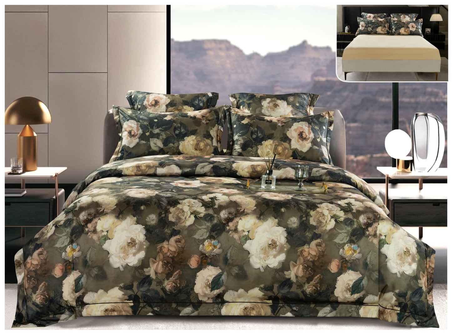 Lenjerie Premium Luxury, Pat Dublu, Satin Gros, 6 Piese cu Elastic, Floral Dark Olive-A10279