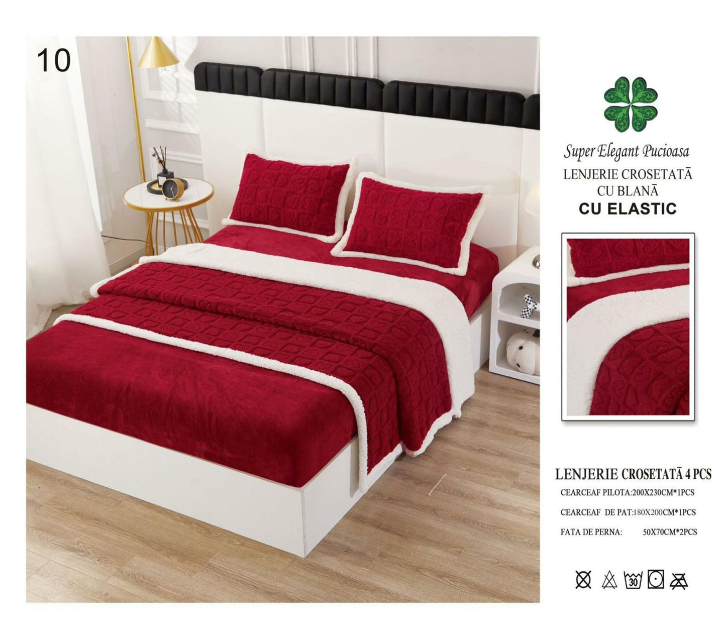 Lenjerie Crosetata Tip Tricotaj, cu Blanita, 4 Piese, cu Elastic, Grena-P9112