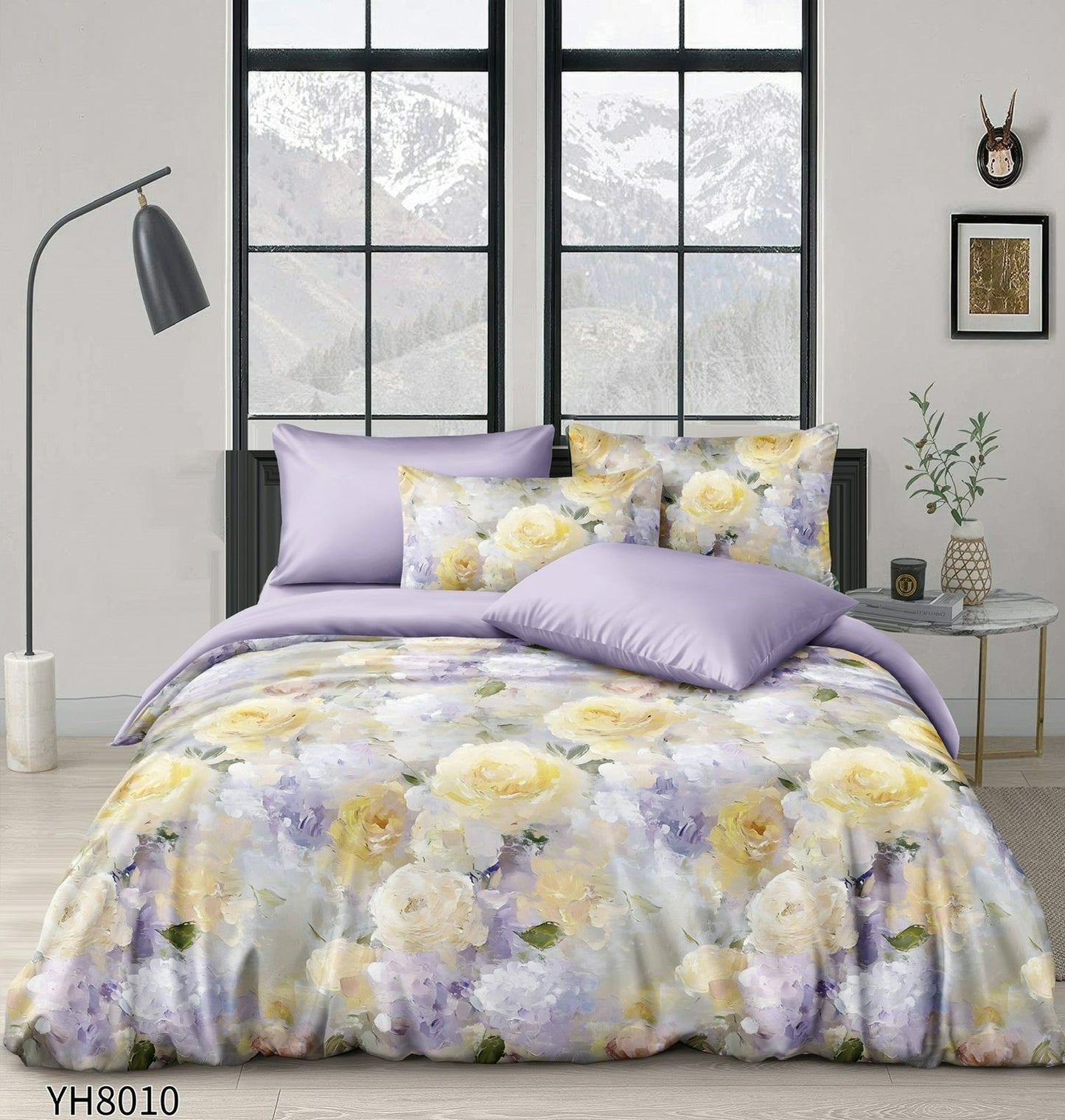 Lenjerie Pat Dublu din Satin Extra Fin, 4 Piese, cu Elastic, Floricele-P9940